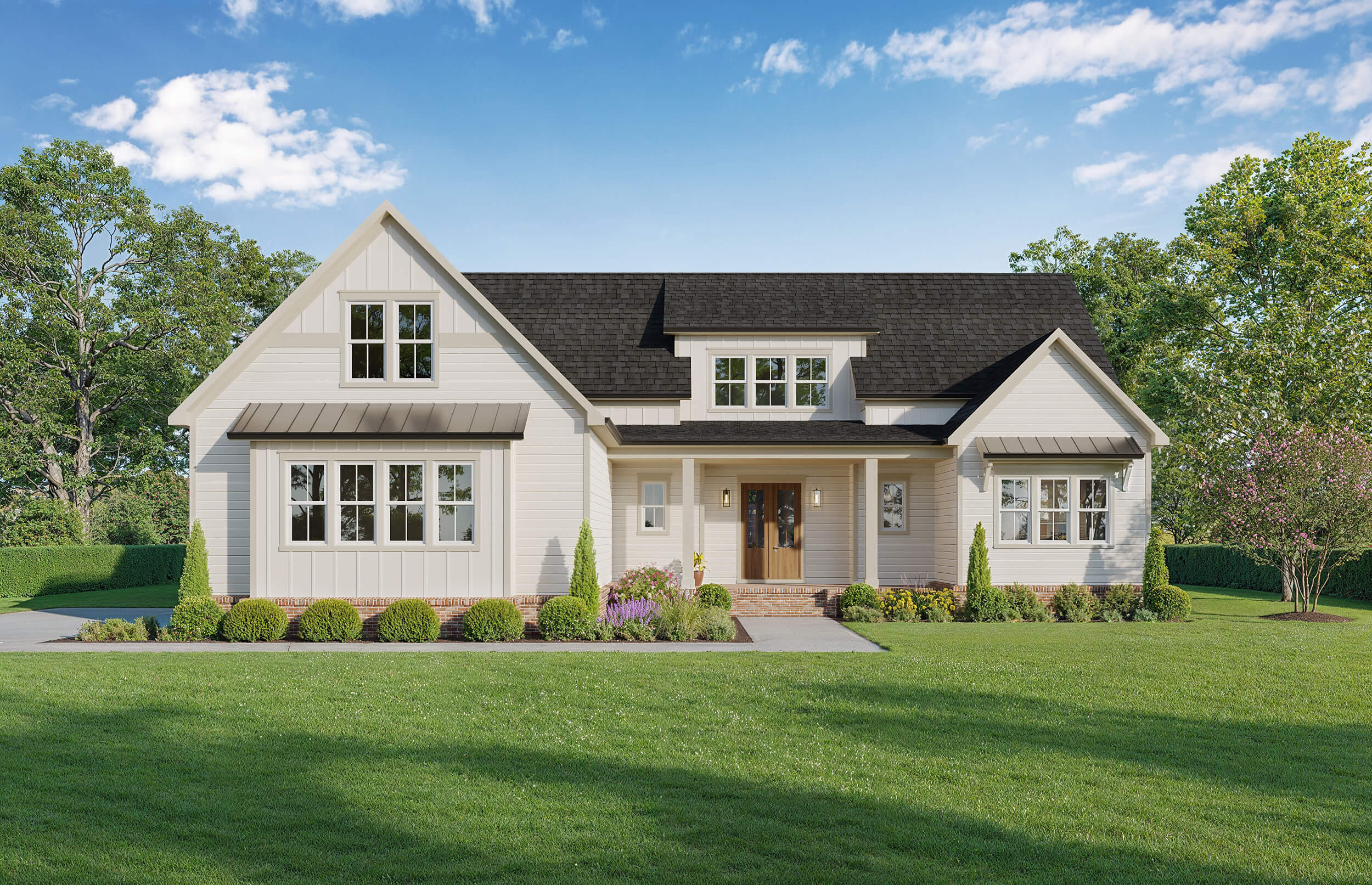 Front exterior rendering of a modern farmhouse—white siding, black roof, mixed gables and dormer, double wood entry doors, metal awnings, and manicured landscaping.